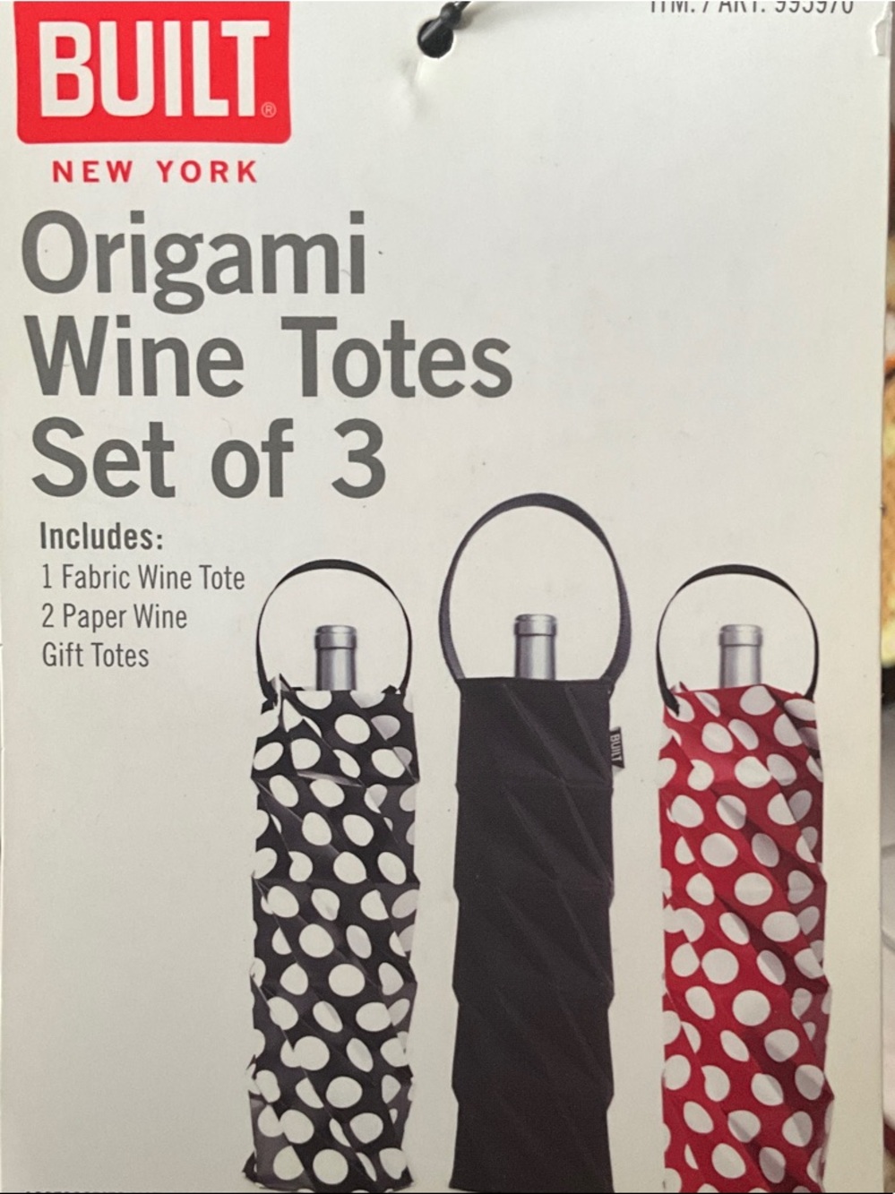 BUILT Origami Wine Totes Set of 3 - Black, Red & Black/White Dot